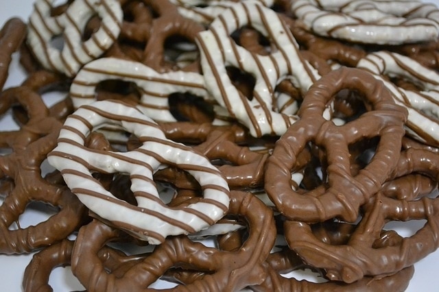 Chocolate covered pretzels with tempered chocolate