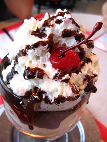 Chocolate fountain ice cream sundae