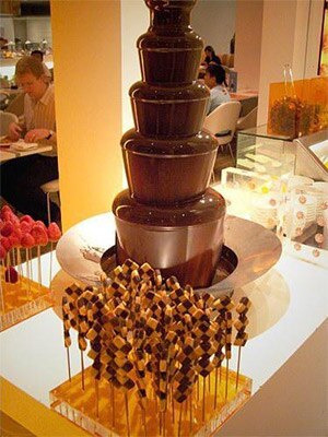 Chocolate fountains in hotel lobby 