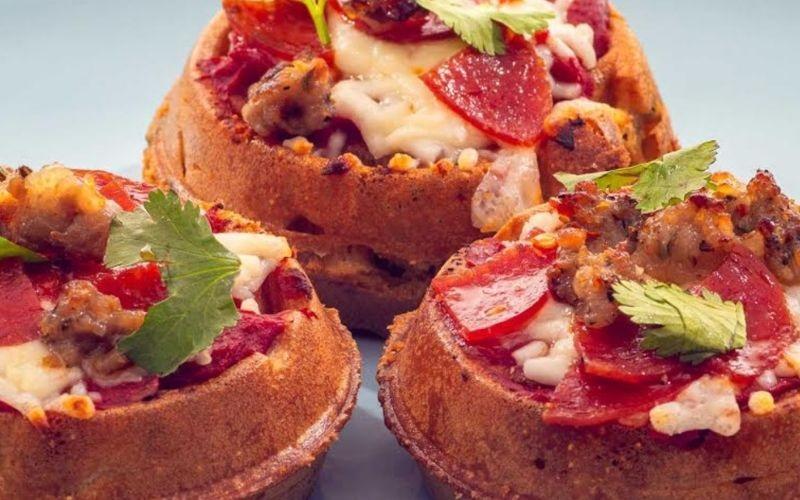 Waffle pizza minis made with Sephra Belgian Waffle Batter Mix. 