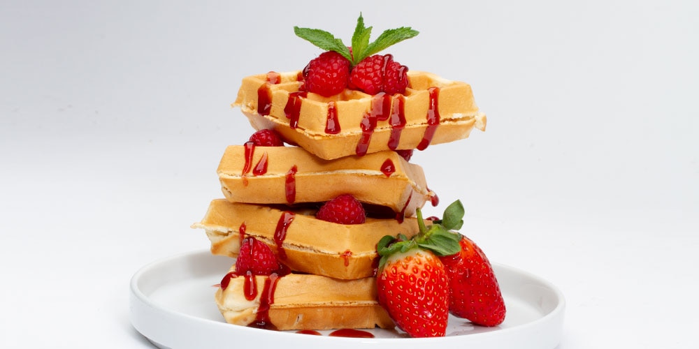 Waffle with Strawberry Topping Sauce